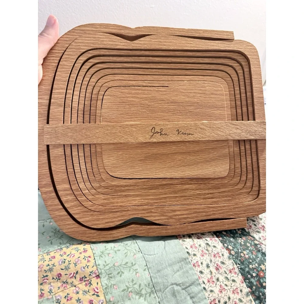Folding Collapsible Decorative Wooden Fruit Bowl Basket trivet Signed